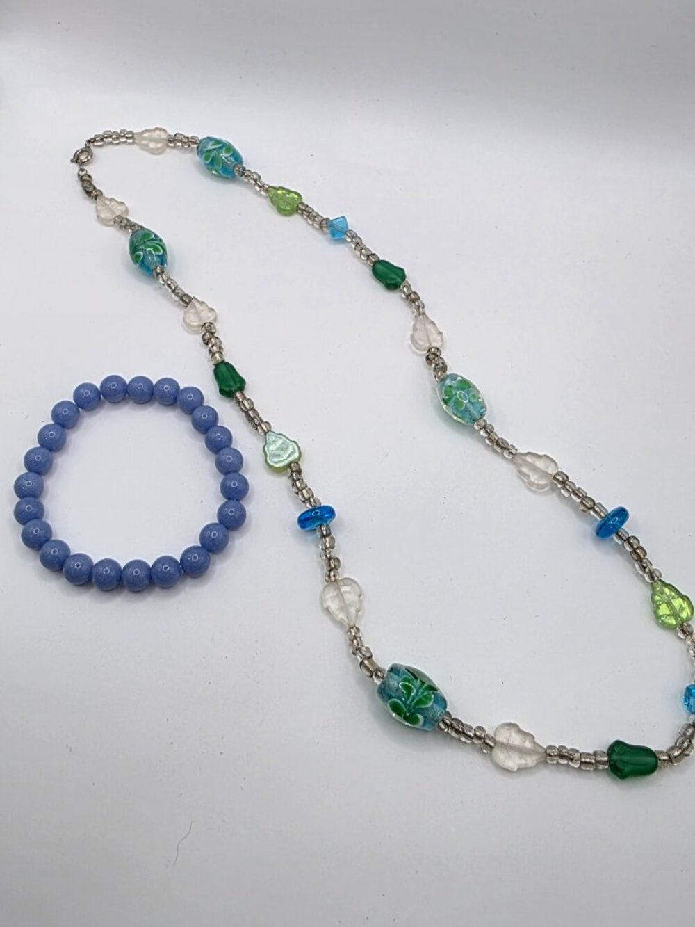 Blue Green Glass Bead Necklace & Glow in the Dark Bracelet Set